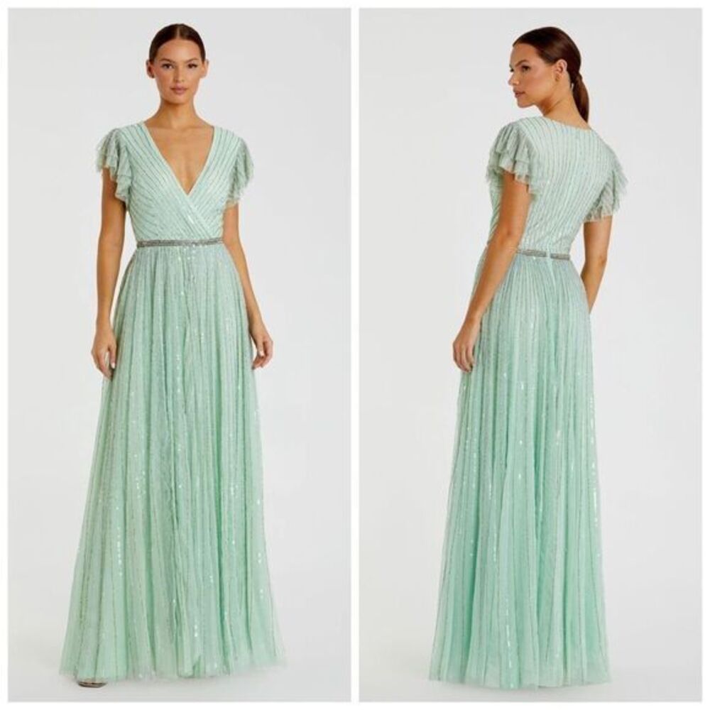 Mac Duggal 5502 Green Sequined Wrap Over Ruffled Cap Sleeve Gown Size 2